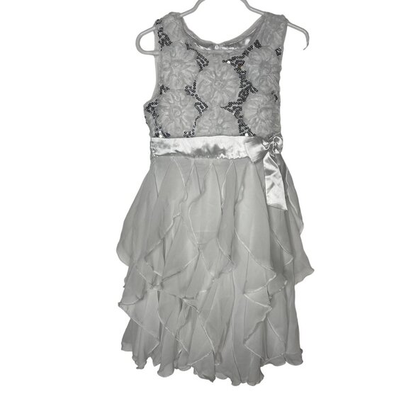 Knit Works Girls 6 Silver Sequin Party Dress Ruffle Chiffon Layered Skirt - Picture 1 of 8